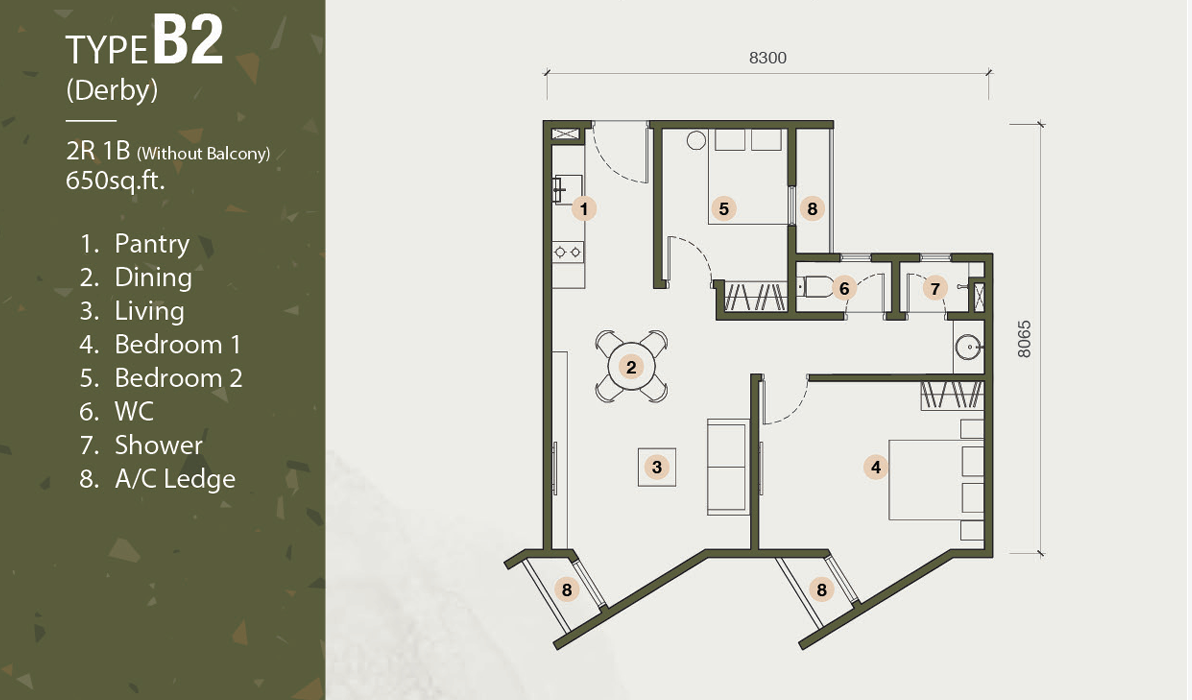 The Stallionz Type B2 | 650 sq.ft floor plan, Ipoh Town City Centre